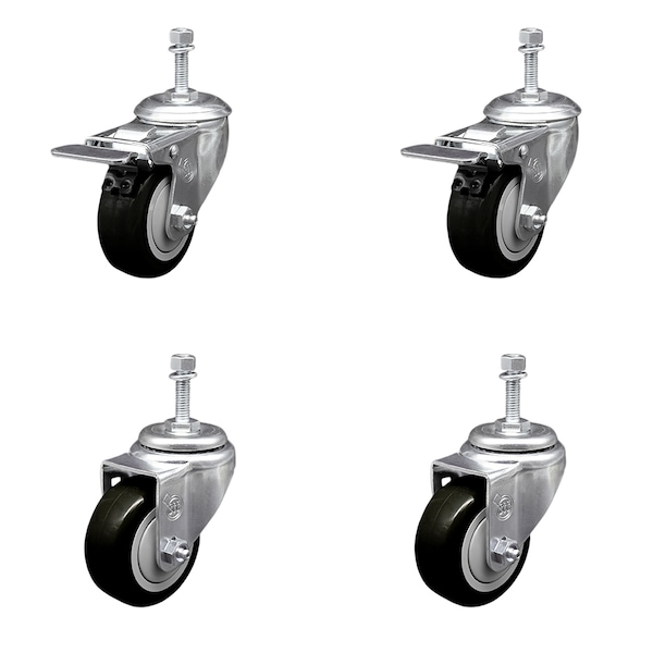 Service Caster 3 Inch Black Polyurethane Swivel 3/8 Inch Stem Caster Total Lock Brake SCC, 2PK SCC-TSTTL20S314-PPUB-BLK-381615-2-S2 - main